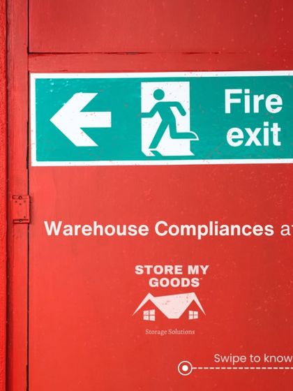 Safety is built into my warehouses. This image of a fire exit is just one example of the many compliance standards I follow to ensure a secure environment for your goods.