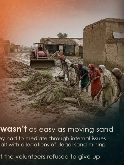 Rebuilding is never easy. This image shows the reality of our work in Punjab, where volunteers manually cleared thick layers of silt from homes and fields. It was physically demanding work that required grit and a collective refusal to give up.