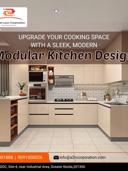 A perfect example of a functional U-shaped kitchen layout in a neutral cream finish. This design includes an integrated oven and microwave tower, a dedicated breakfast counter, and a tiled backsplash, creating an efficient and welcoming cooking space.