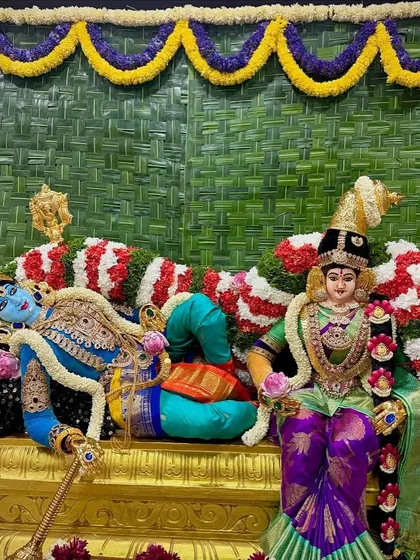 For us, a saree can be a sacred offering. Here, our handcrafted Kanchipuram silk adorns the divine form of Goddess Lakshmi during the Varamahalakshmi Vrata, symbolizing the deep bond between heritage, devotion, and timeless elegance.