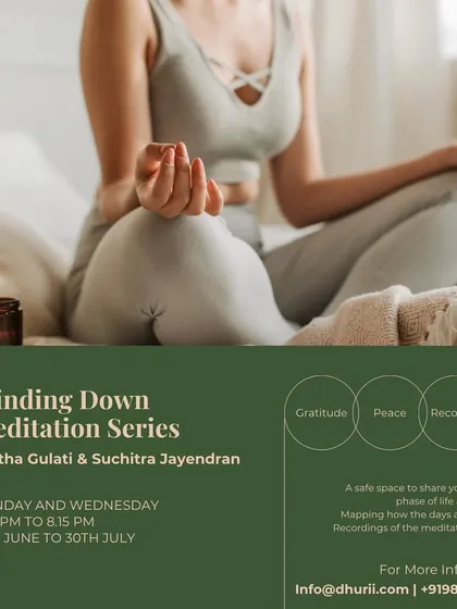 End your day with gratitude, peace, and reconnection. Our "Winding Down Meditation Series" is a gentle practice to release the day's stress and tune into your inner self. This poster invites you to join our evening sessions for deep relaxation.