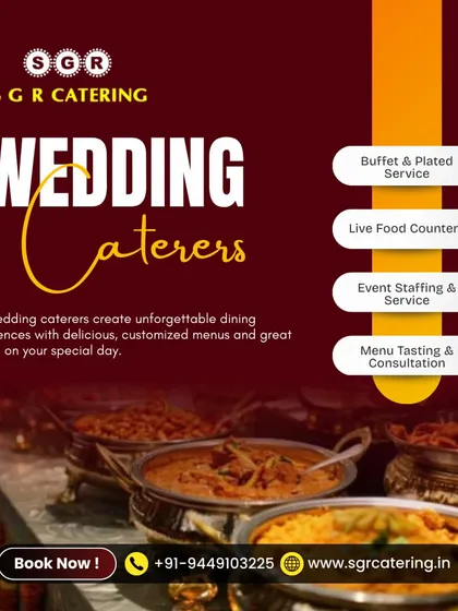 Our wedding caterers create unforgettable dining experiences with delicious, customized menus. This image highlights our offerings, including buffet service, live food counters, and event staffing.