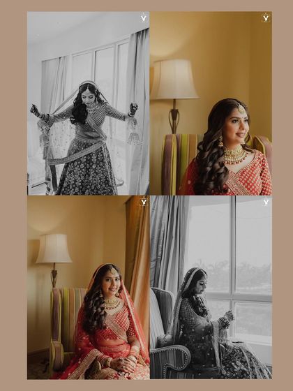 A collage of bridal portraits showing the bride in various moods and settings. The mix of color and black and white captures the different facets of her personality on her wedding day.