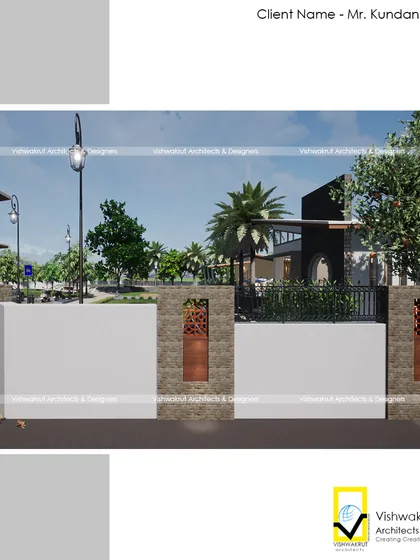 The design for the compound wall of the farm stay. It incorporates stone sections and decorative metalwork to be more than just a boundary, adding to the property's overall aesthetic.