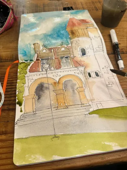 A work-in-progress shot of my watercolour and ink sketch of the beautiful Cambridge Public Library. I love capturing the intricate details of historic architecture.