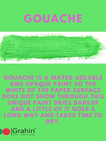An explanation of gouache, an opaque watercolor. Unlike traditional watercolor, it does not let the white of the paper show through, creating a flat, matte finish.