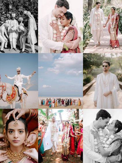 A collage capturing the essence of a cross-cultural beach wedding. It shows the groom's baraat on a horse, the bride getting ready, and intimate couple moments.