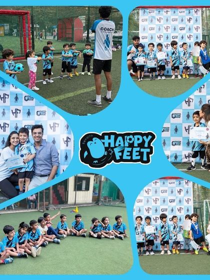 This collage is a snapshot of the non stop fun and celebration at Happy Feet. You can see kids in their drills, posing with certificates, and enjoying moments with their parents and coaches.
