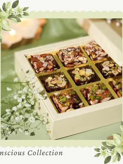 Our Conscious Collection of sweets, made with a focus on health and nutrition. This box features Cranberry and Blueberry Dryfruit Delights, offering indulgence without the guilt.