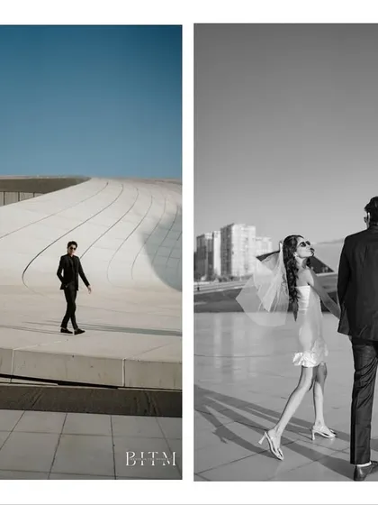 A diptych showing two different angles of the couple at the Heydar Aliyev Center. This format allows us to tell more of the story, showcasing both a wide, architectural view and a more personal, trailing shot.