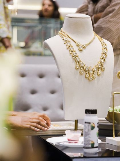 A stunning necklace set on display at our Hyderabad store. Our in-store settings are designed to make you feel like you are in a gallery of wearable art.