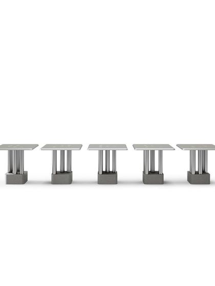 This image displays the two base variants for the XOXOX table: a sleek metal base and a solid concrete block base. This choice allows for customization based on aesthetic preference and intended use.