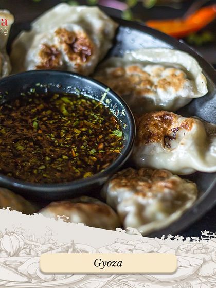 Pan-fried Gyoza served with a savoury dipping sauce. These delicious dumplings are a favourite from our Oriental menu, perfect as a starter or snack.