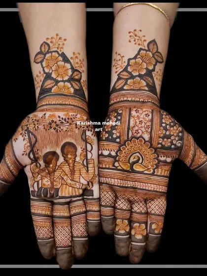 I love creating personalized mehendi that tells a story. This design for a guest features a custom portrait of two friends, complemented by a traditional peacock motif on the other hand.