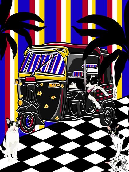 A classic Mumbai auto-rickshaw, complete with floral details and a few curious cat companions, set against a bold, colorful background.