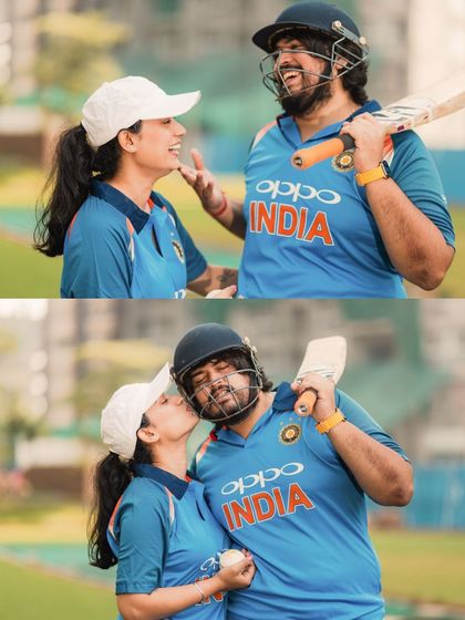 A collage of playful interactions during the cricket-themed pre-wedding shoot. These shots capture the fun, laughter, and candid affection that make their relationship special.