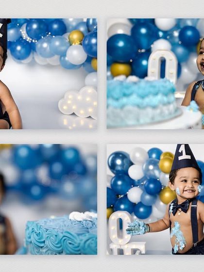 A four-panel collage showcasing various moments from a first birthday cake smash. It captures the birthday boy's range of expressions, from contemplative to purely joyful.