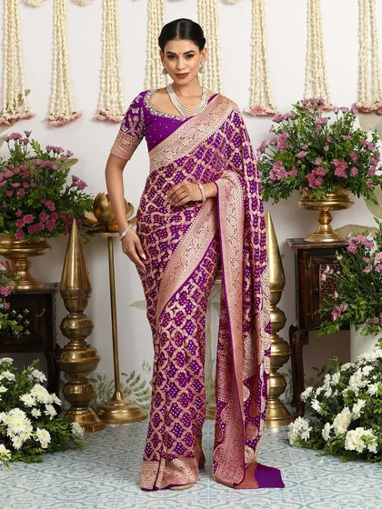 A full-length view of the royal purple Banarasi Bandhani saree, a timeless addition to any festive wardrobe.