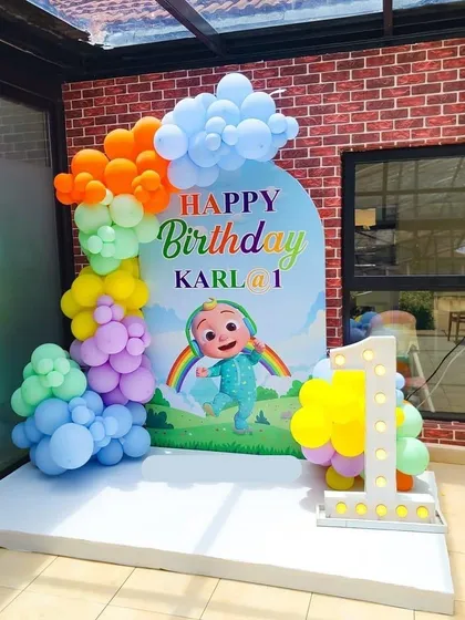 I love bringing popular themes to life, especially for a child's first birthday. This Cocomelon setup features a custom backdrop, a vibrant balloon garland, and a light-up marquee number to make the celebration extra special.
