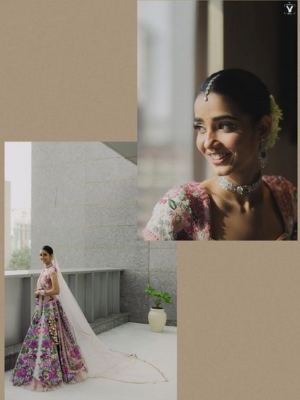 A collage of bridal portraits in a beautiful floral lehenga. The shots capture her radiant smile and the full sweep of her stunning outfit against a modern architectural background.