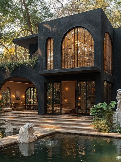A dramatic, dark-hued villa nestled in nature. The arched windows and doorways add a touch of classic elegance, while the integrated pool and stone statues create a sense of ancient tranquility.