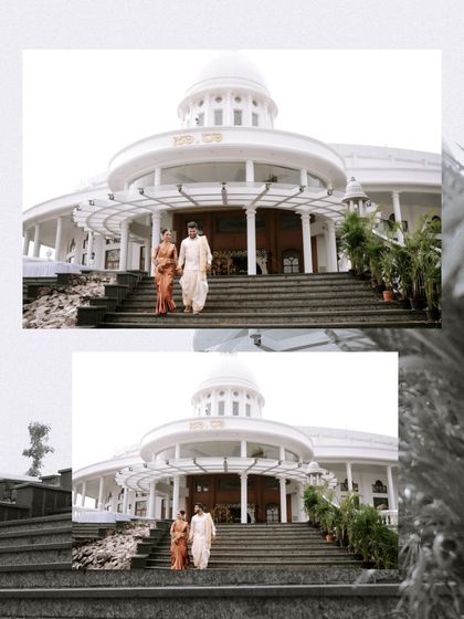 A collage showing the couple walking down the steps of a grand venue, capturing their journey from different angles and adding a cinematic feel.