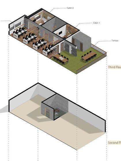 An exploded axonometric drawing of my two-floor office studio. This type of illustration helps to clearly communicate the layout and relationship between different floors and zones within a space.