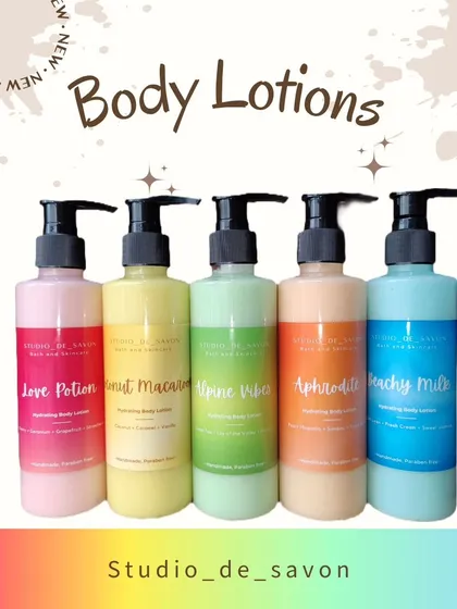 I'm so excited to share my new line of hydrating body lotions. They are handmade, paraben-free, and come in five amazing scents like Peachy Milk and Alpine Vibes. They feel light on the skin but provide deep moisturization.