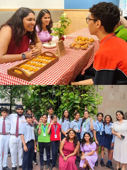 A collage from Bastille Day, showing guests enjoying snacks at a checkered tablecloth and a group of students and teachers posing for a happy photo. It's all about community, food, and fun.