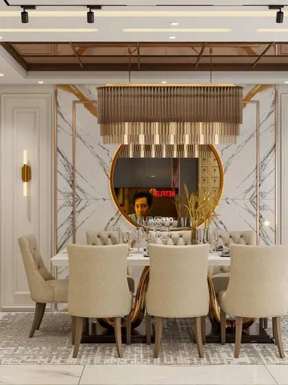 A close-up 3D view of the dining area. The design features plush upholstered chairs, a large marble table, and a dramatic chandelier, all set against a backdrop of elegant wall paneling and a large mirror.