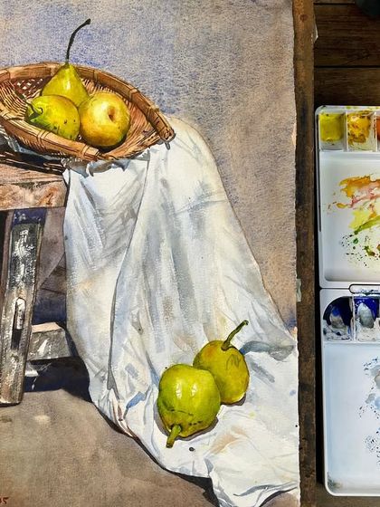 A still life of pears on a stool, draped with a white cloth. This was a demonstration for my watercolor course, focusing on composition and the texture of the fabric.