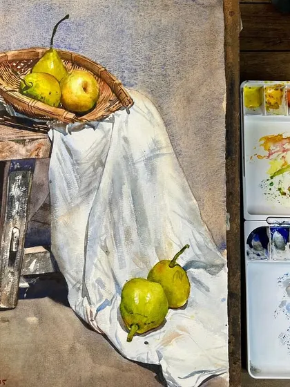 A still life with pears on a stool. This composition plays with height and the texture of the draped cloth and rustic wood.