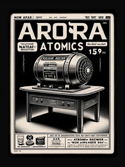 A stark, black and white product ad for an Arora Atomics reactor, designed to look like it's from an old magazine.