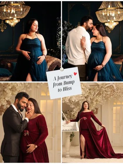 A four-panel story showing the 'Journey from Bump to Bliss'. This collage features two different gown styles and captures both solo and couple moments from a luxurious studio session.