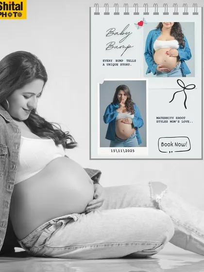 This creative layout combines a powerful black and white portrait with smaller color images, highlighting the beauty of the baby bump in a casual denim style.