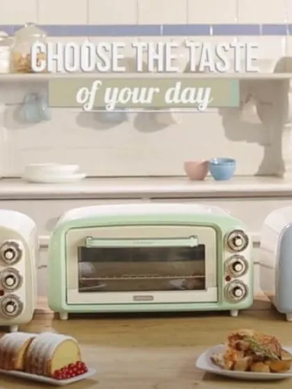 A lineup of the Ariete Vintage electric ovens, available in multiple pastel colors. These compact yet versatile ovens are ideal for baking, roasting, and grilling in style.