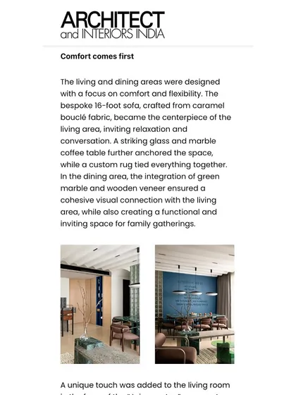 "Comfort comes first." Architect and Interiors India highlighted our focus on creating comfortable and flexible living and dining areas in the 'ARAH' project.