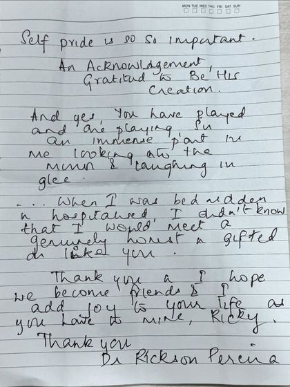A handwritten note from a grateful patient. Moments like these are the most rewarding part of my work. Knowing that I have helped someone look into the mirror and laugh in glee is why I do what I do.
