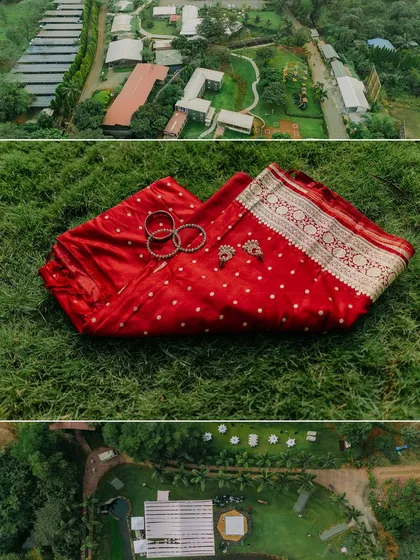 An aerial view of the lush Oleander Farms in Karjat, and a detail shot of the bride's red saree, showcasing the beautiful venue and attire.