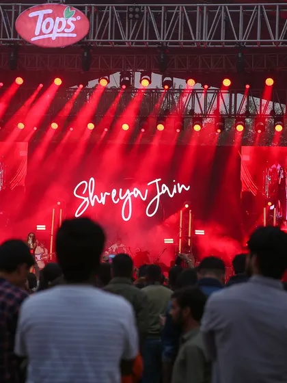A view from the crowd at the Horn OK Please festival during Shreya Jain's set. I always aim to capture the scale of the event, showing the connection between the artist on stage and their audience.