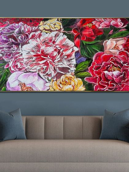 This hand-painted canvas offers a close-up view of a lush bouquet of peonies. The rich reds, pinks, and whites are rendered with incredible texture, making the flowers feel almost real.