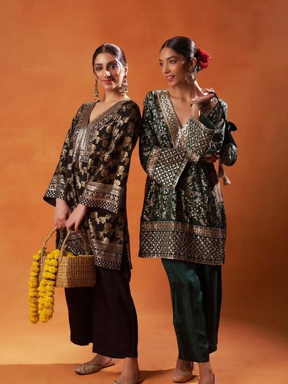 Two models showcase a stunning collection of brocade kurtas in black and green, featuring rich gold and silver patterns.