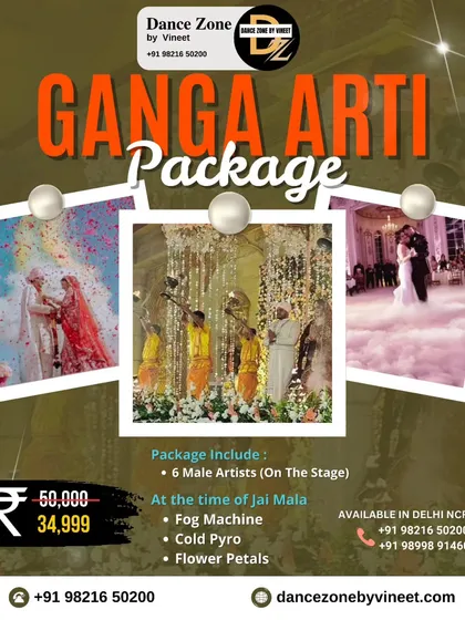 Add a divine and spiritual touch to your Jaimala ceremony with our Ganga Aarti package. This concept includes six artists performing a live Aarti on stage, enhanced with a fog machine, cold pyros, and a shower of flower petals for a truly blessed moment.