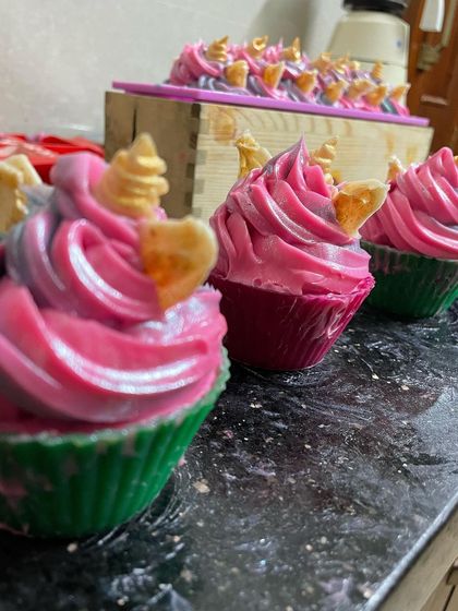 The Unicorn cupcake soaps alongside the main loaf in my workshop.