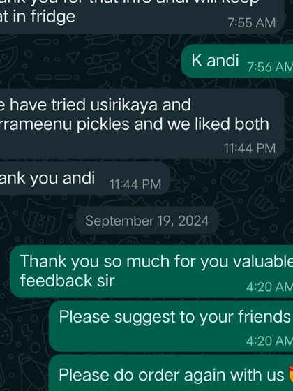 This customer tried both Usirikaya (amla) and Korrameenu (fish) pickles and liked them both. It's great when people explore both my veg and non-veg options.