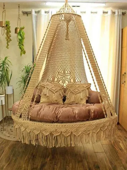A high-quality swing in a natural color with matching macrame cushions. We can make any design and color of your choice.