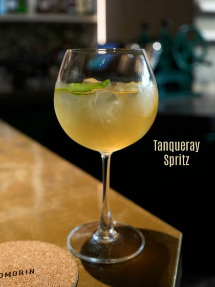 A classic Tanqueray Spritz, featured on our special menu. It's a light, botanical, and effervescent cocktail perfect for starting the evening.