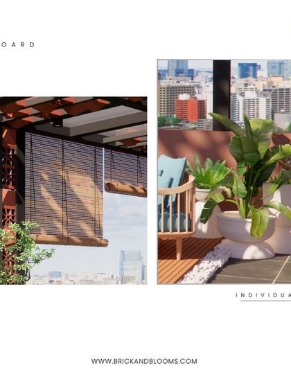 This design concept for a villa terrace combines multiple textures. We used terracotta jali blocks for the pillars of the pergola and bamboo blinds for adjustable shade and privacy.