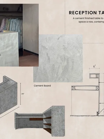 This mood board for the Eka store details the design of the reception table. We used a cement-finished board to give the space a raw, contemporary flair, contrasting with the warmer, heritage elements elsewhere.