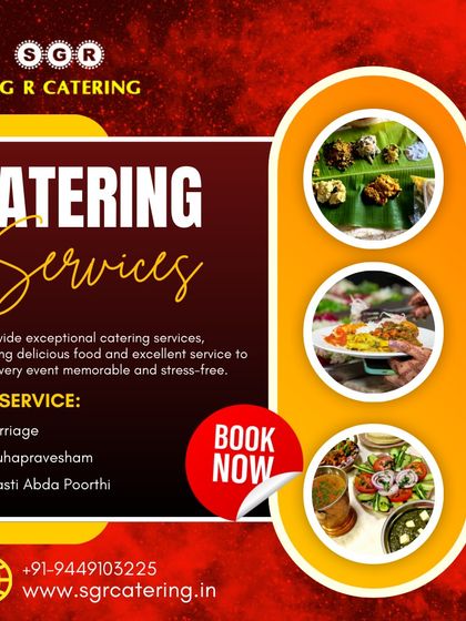 We provide exceptional catering services, delivering delicious food to make every event memorable. This graphic lists the various traditional events we cater for, such as marriage and gruhapravesham.